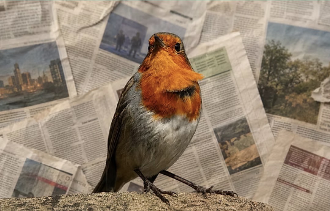 Robin photographed against a backdrop of newspapers
